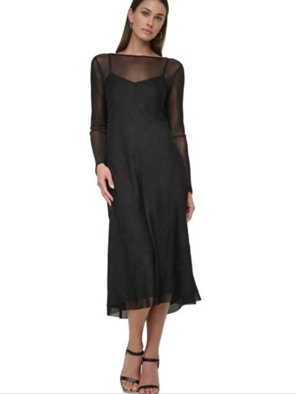 Dkny Black Mesh Overlay Maxi Dress Sz 14 Sheer Long Sleeve $139 Minimalist Goth